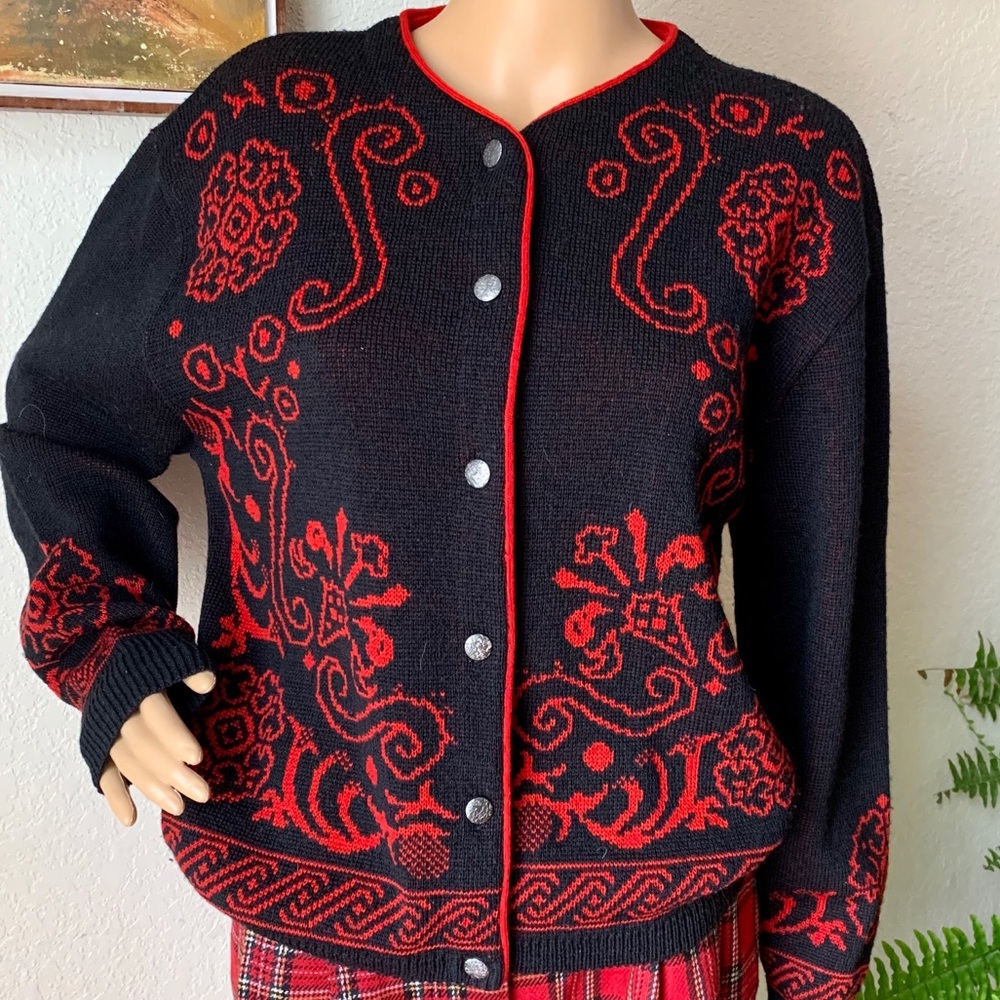 Vintage Pendleton Virgin Wool Ornate Design Black Red cardigan